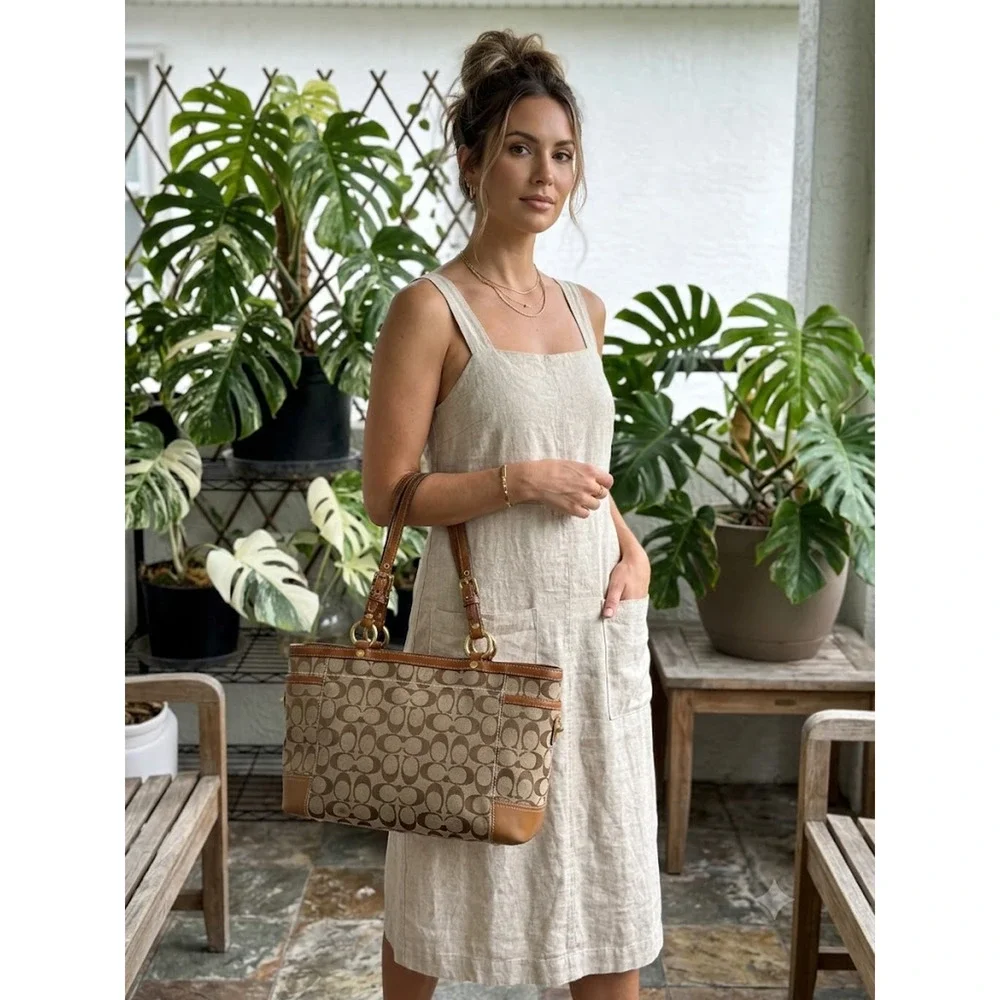 Coach Shoulder Bag Logo Pattern Leather Trim Gold Hardware Pockets